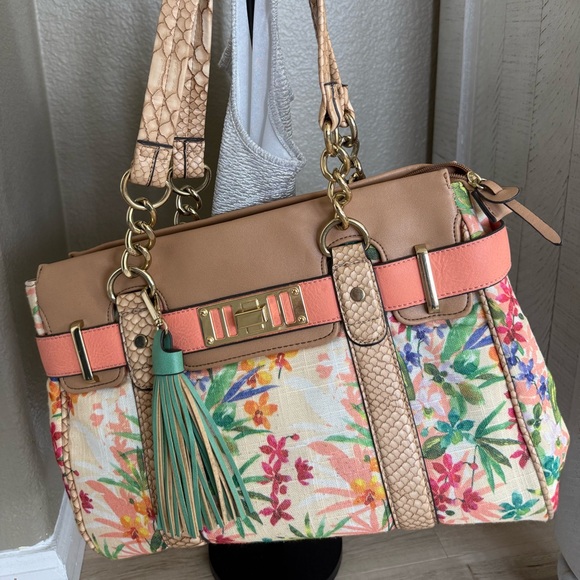 Floral Lined Tan Leather Handbag - Picture 2 of 9